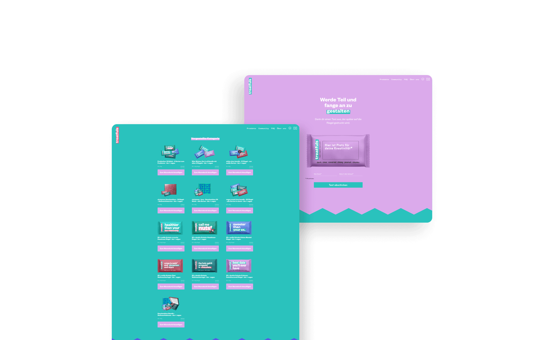 Im Folgenden wird die Desktop-Produktübersichtsseite präsentiert, die eine Auswahl an veganen Snackriegeln sowie Optionen zum Hinzufügen zum Warenkorb zeigt. Ein weiterer Desktop-Screen ermöglicht es den Kunden, ein individuelles Snackriegel-Design mit personalisiertem Text für Treatfuls zu gestalten.