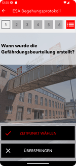 Abbildung einer Page der Eiffage Sicherheits-App mit einer Abfrage zum Zeitpunkt der Gefährdungsbeurteilung, gestaltet für optimale Usability und Effizienz in Bauprojekten.