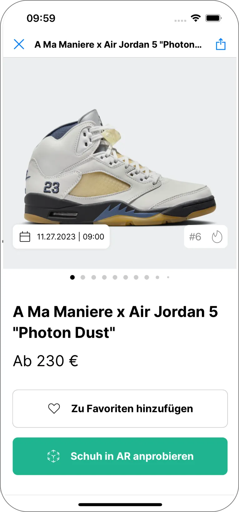 Detailansicht eines Sneakers mit Produktbild, Release-Datum, Preis und Option zum Merken oder Favorisieren.