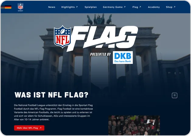 Informationsbereich zum NFL-Flag-Programm mit Vorstellungsvideo auf der NFL-Germany-Plattform